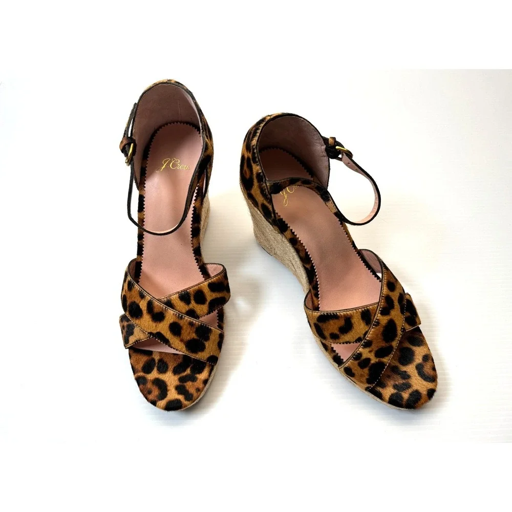 J Crew Jute Wedge Sandal Women 10 NWOB Espadrille  Leopard Calf Hair Ankle Strap
